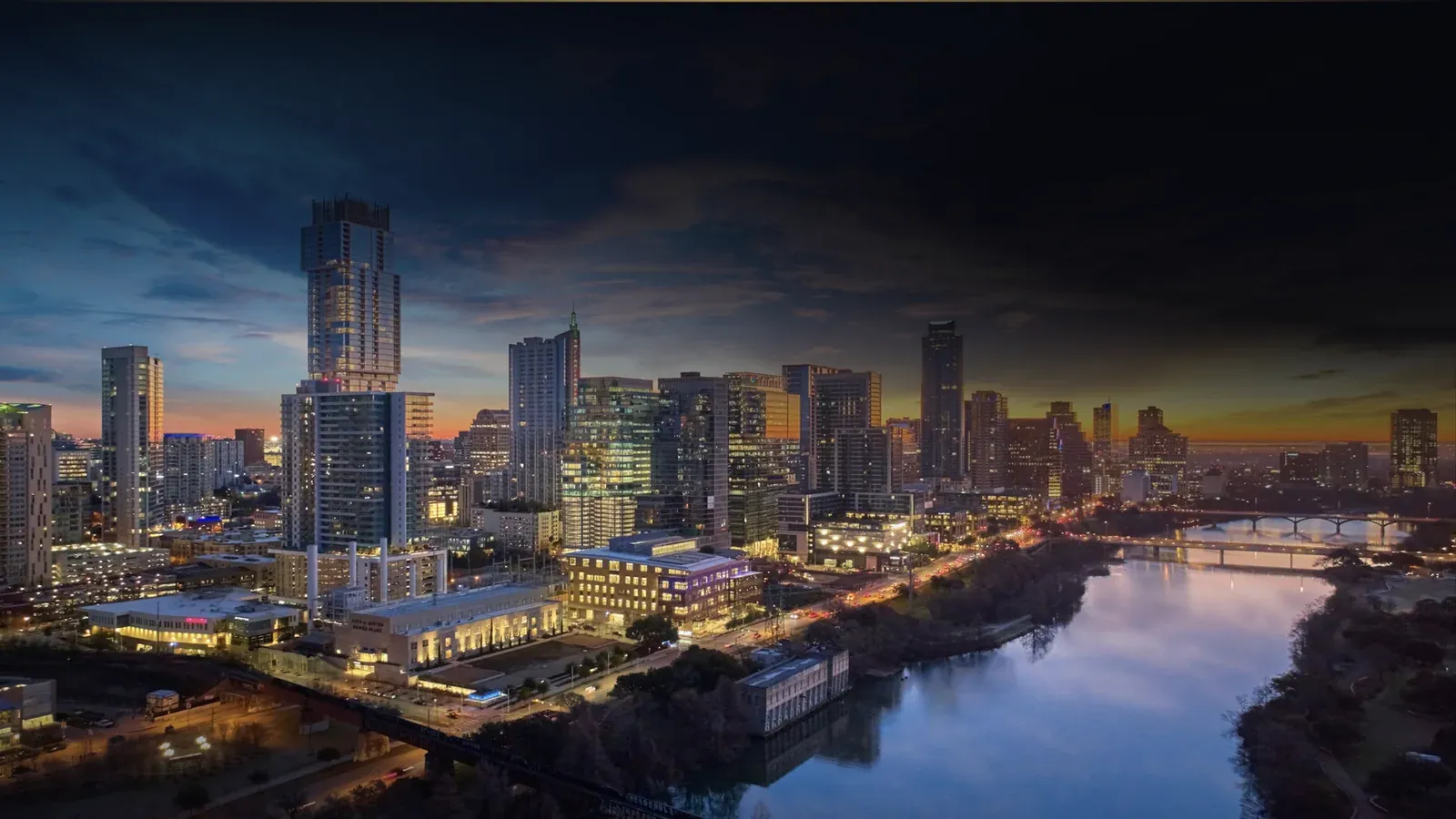 Downtown Austin and Lady Bird Lake at sunset