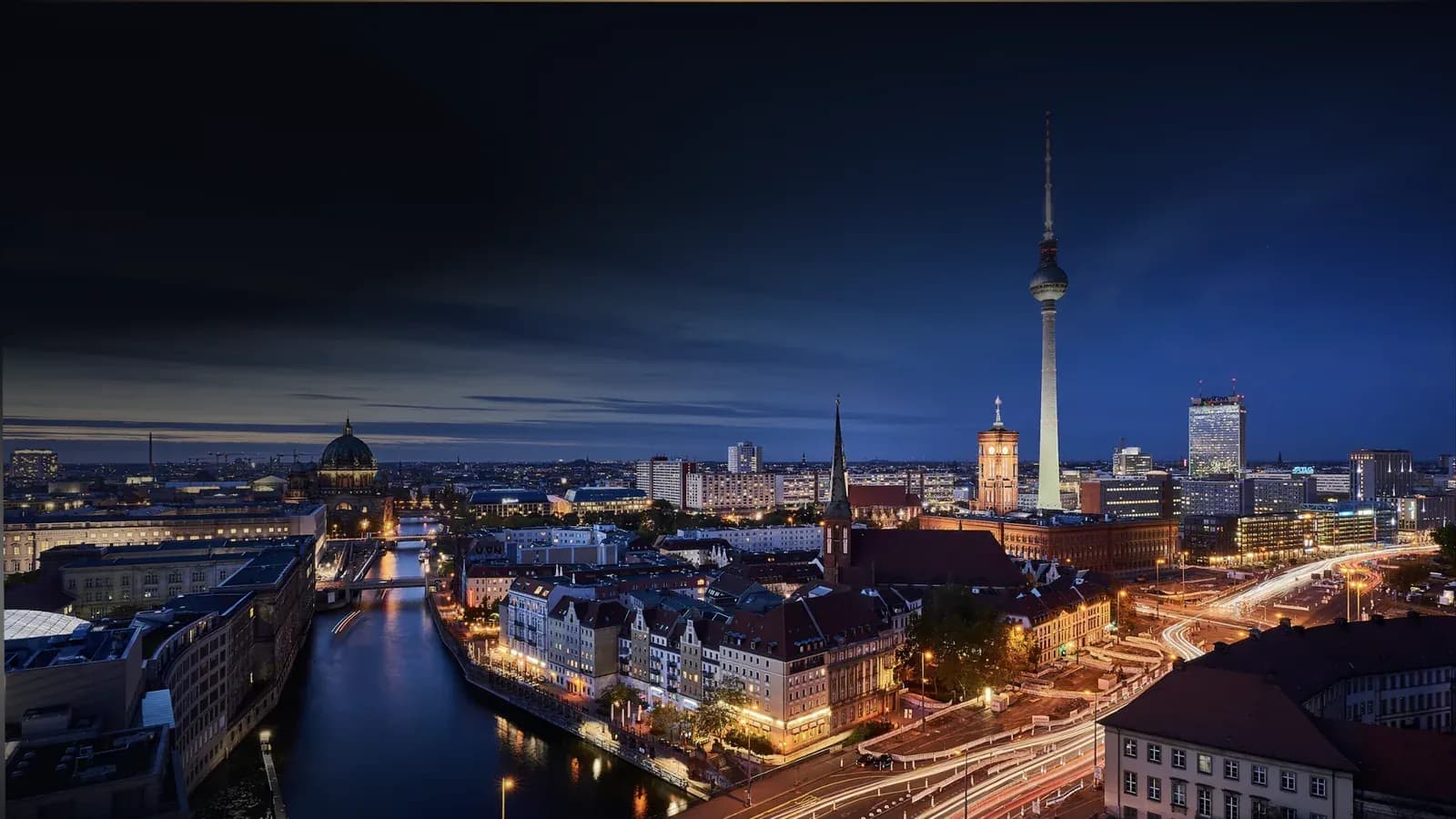 Berlin TV tower and the Spree at dusk