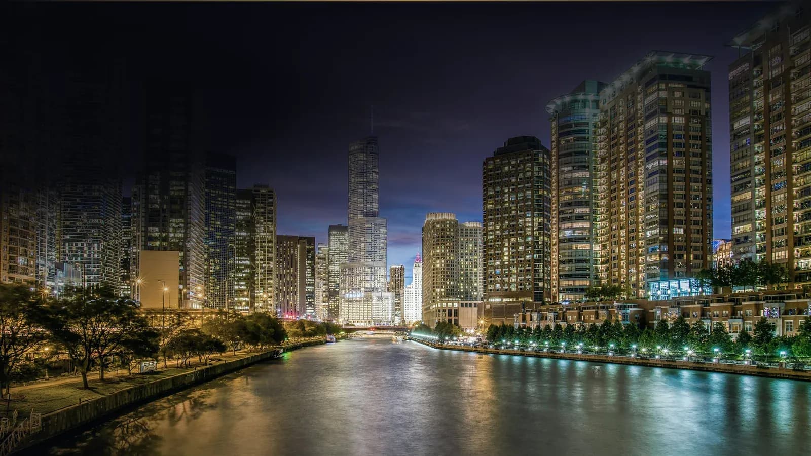 Chicago River and downtown towers at dusk