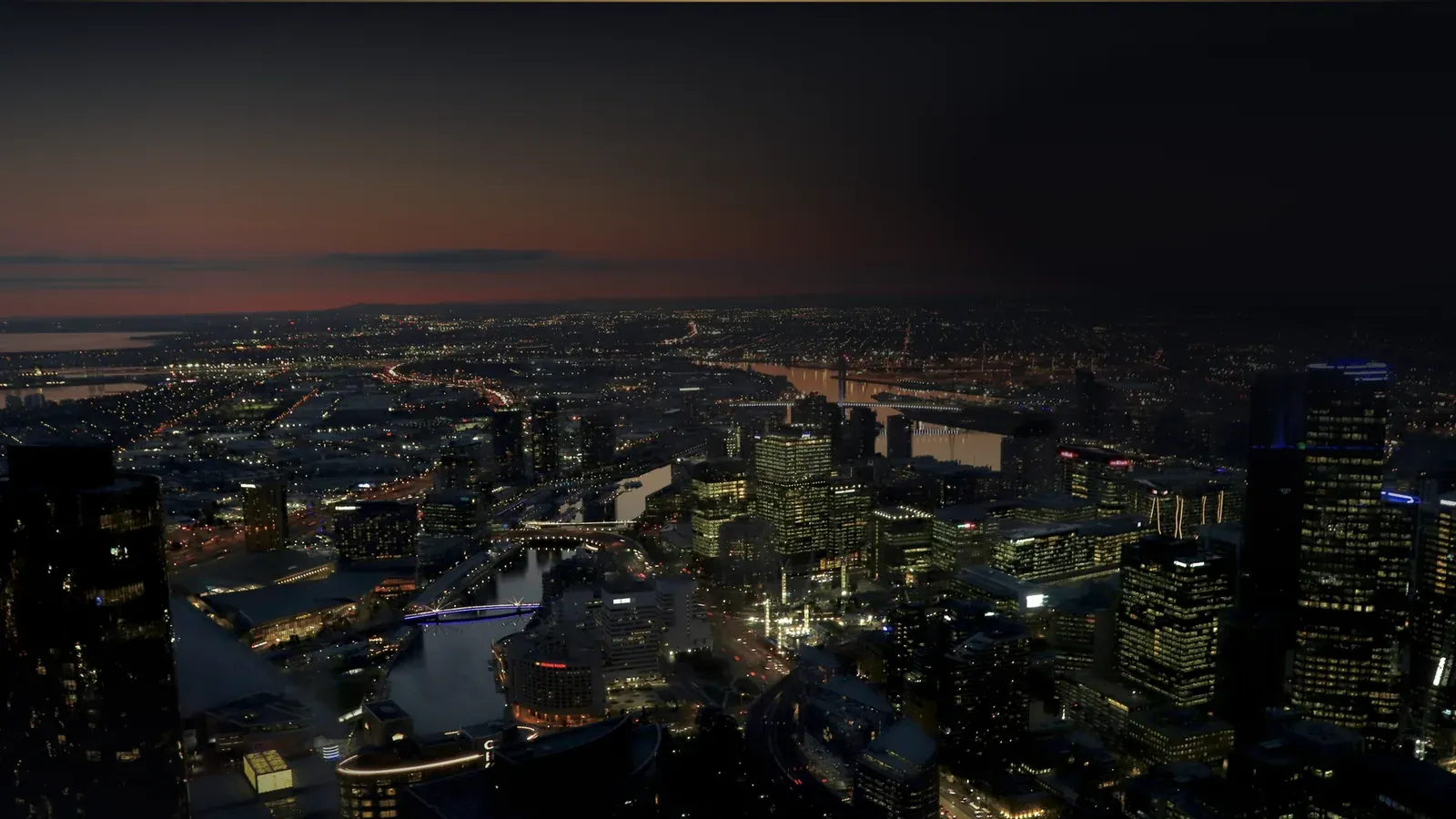 Melbourne and the Yarra from above at sunset
