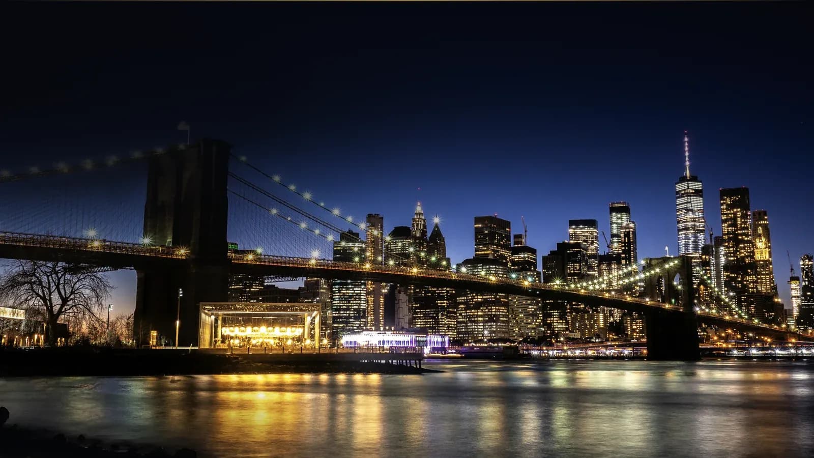 Brooklyn Bridge and Lower Manhattan at blue hour