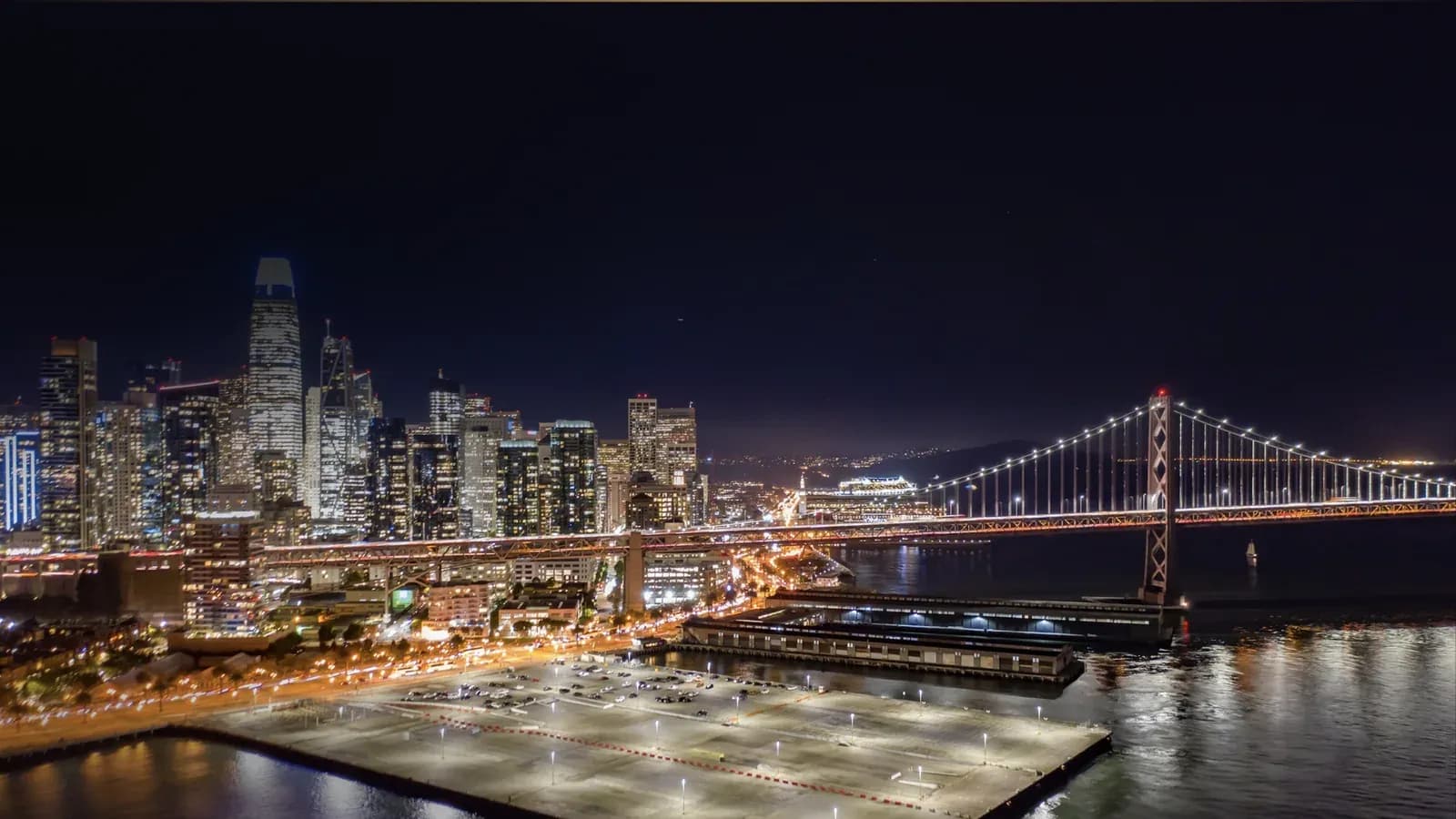 San Francisco skyline and Bay Bridge at night
