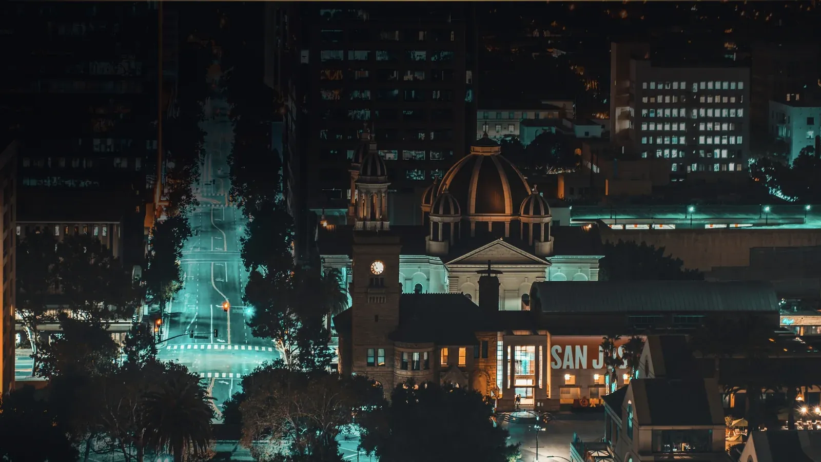 Downtown San Jose and its cathedral at night