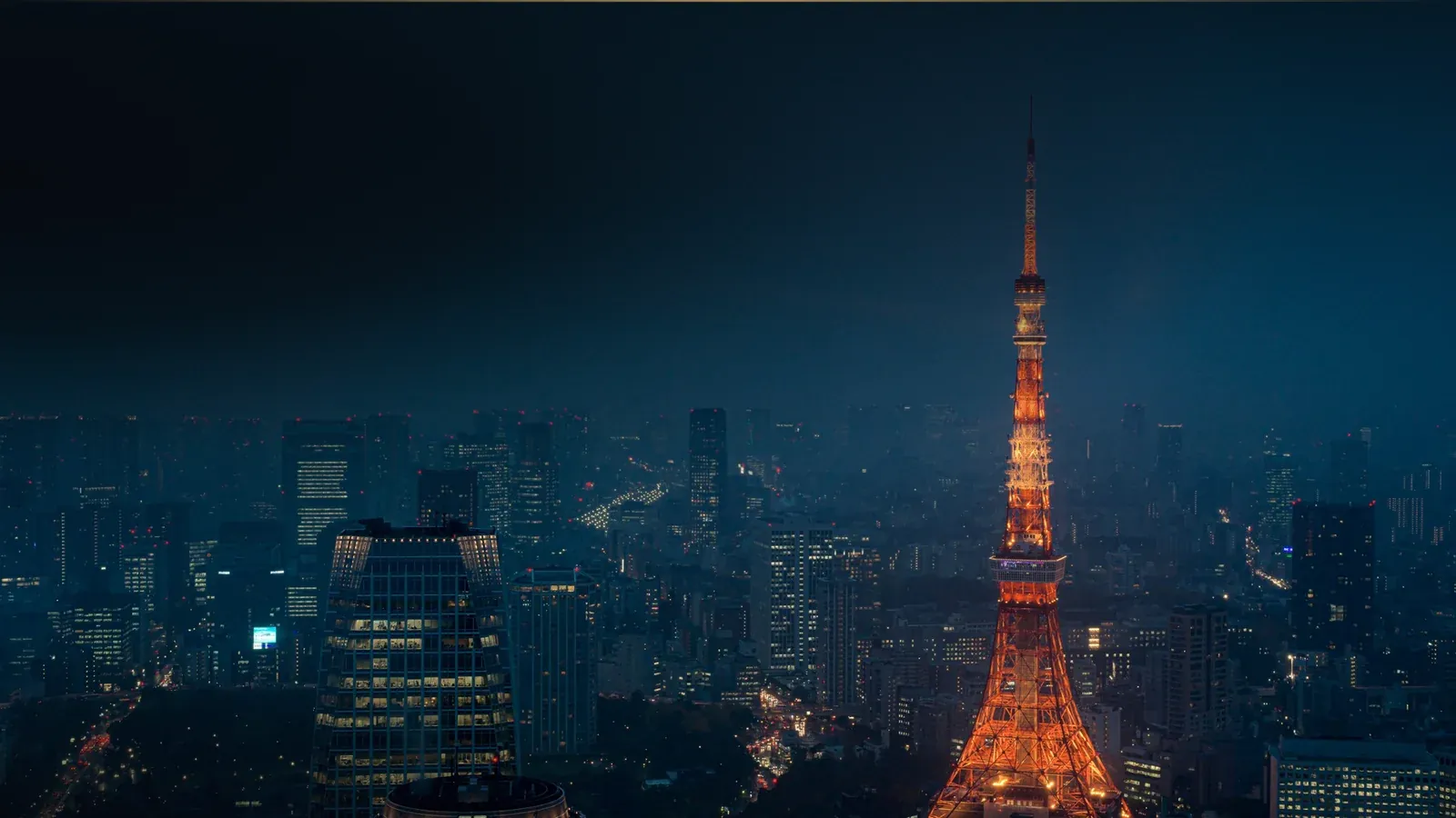 Tokyo Tower above the city at blue hour